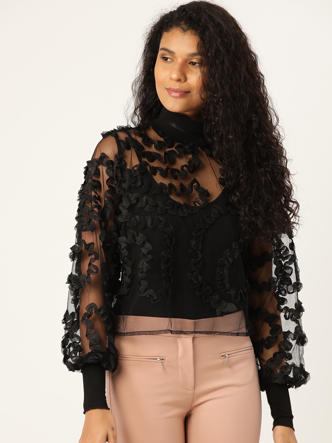

ANVI Be Yourself Women Black Sheer Top with Frills