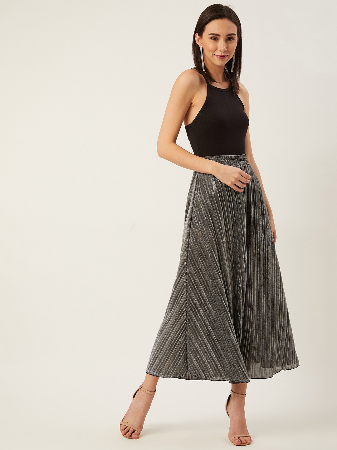 

ANVI Be Yourself Women Charcoal Grey Shimmery Accordion Pleated Flared Skirt