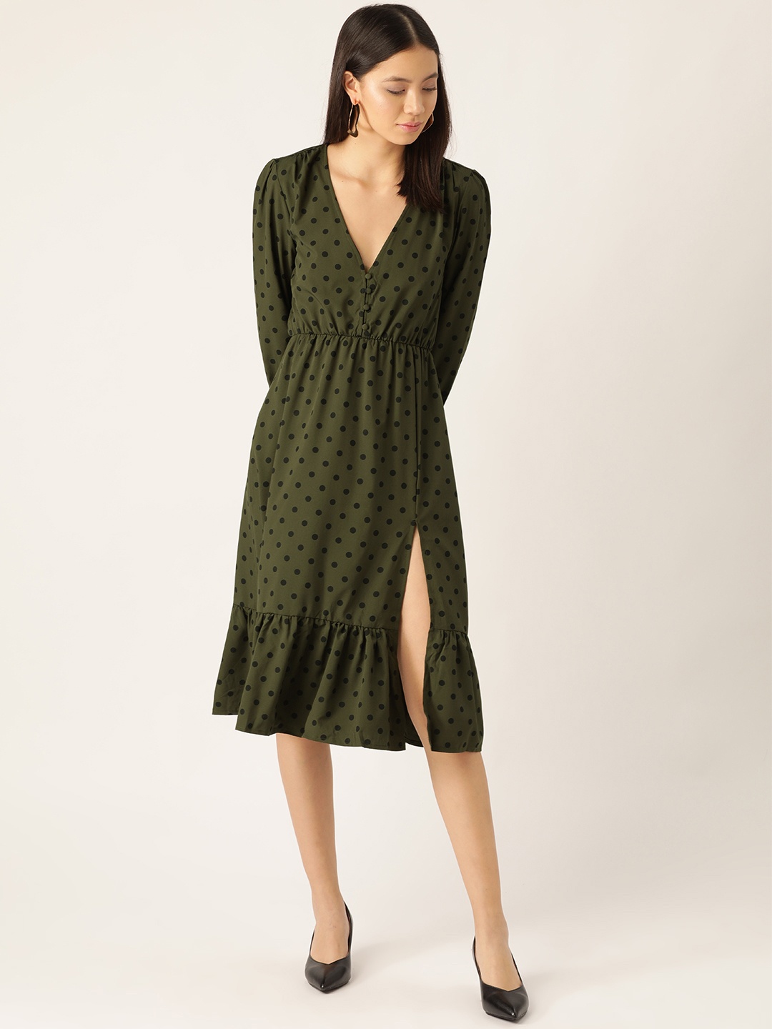 

ANVI Be Yourself Women Olive Green & Black Polka Dots Print A-Line Dress