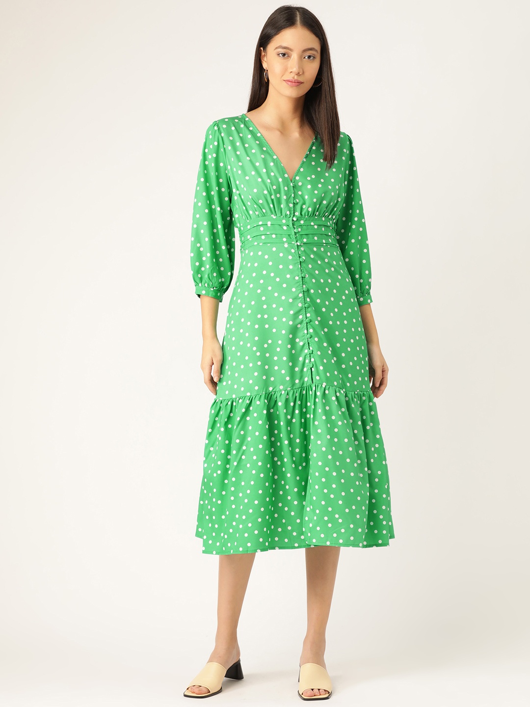 

ANVI Be Yourself Women Green & White Polka Dots Printed Empire Dress