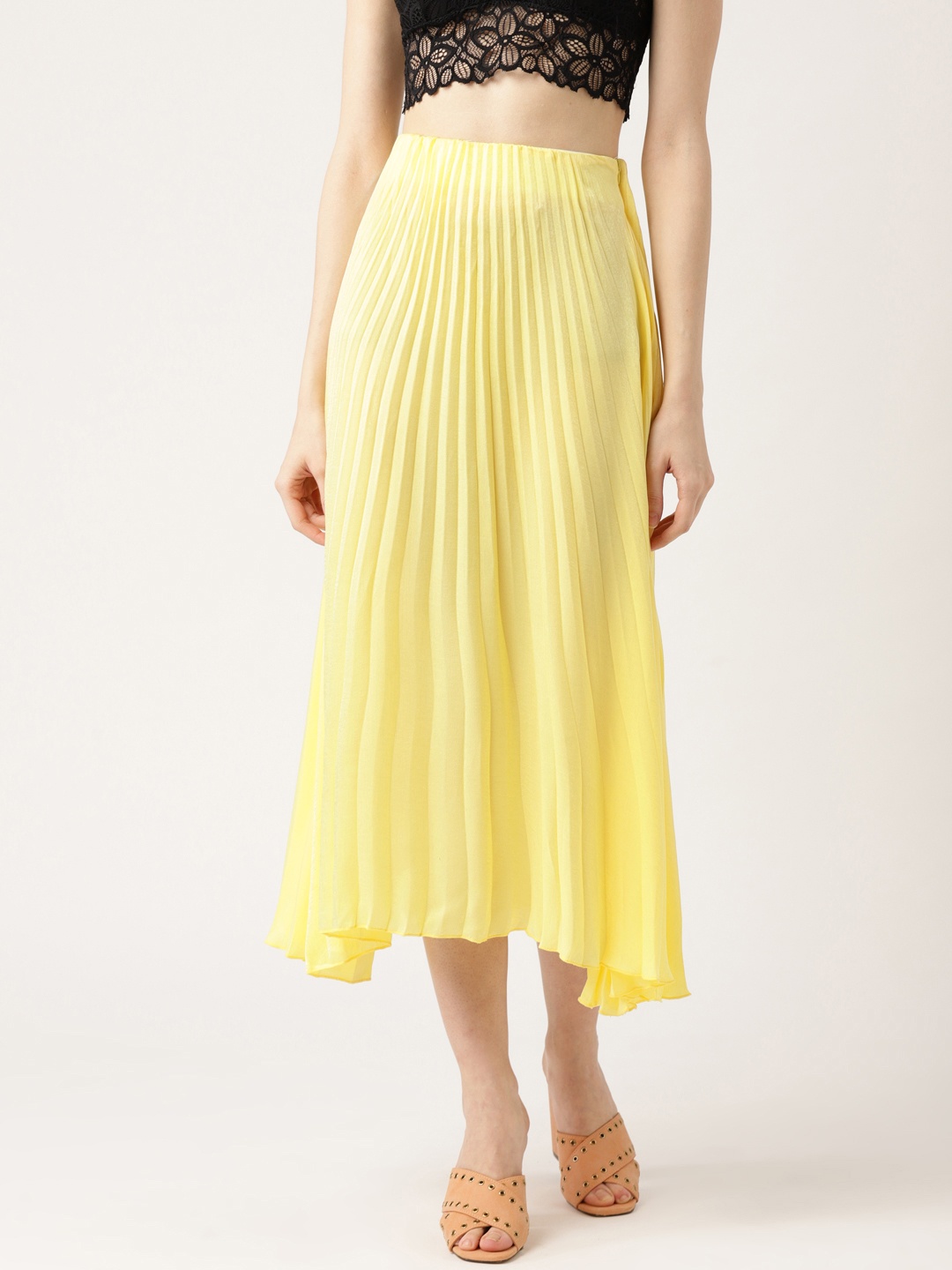 

ANVI Be Yourself Women Yellow Solid Accordion Pleated A-Line Skirt