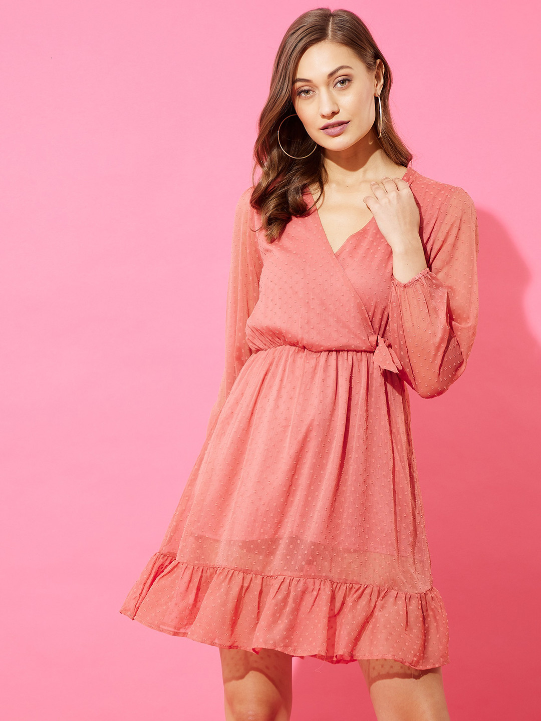 

ANVI Be Yourself Women Coral Pink Self Design Wrap Dress