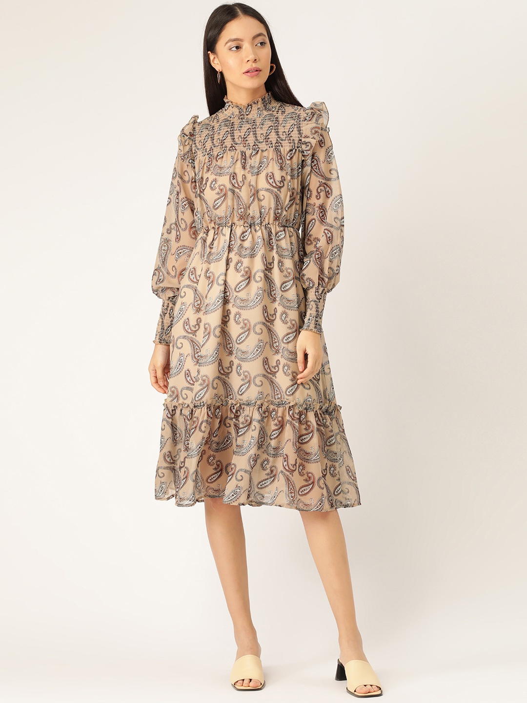 

ANVI Be Yourself Women Beige & Brown Paisley Print Victorian Style A-Line Dress