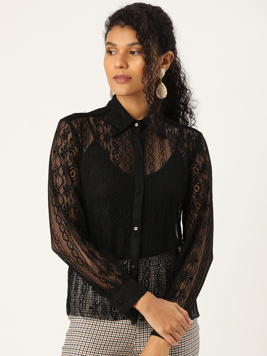 

ANVI Be Yourself Women Black Regular Fit Sheer Lace Casual Shirt