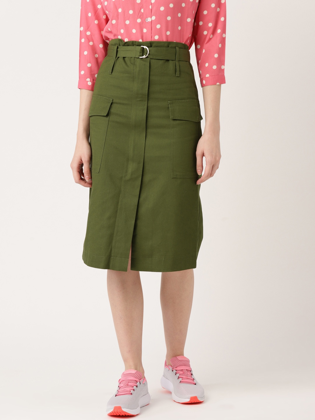 

ANVI Be Yourself Women Olive Green Solid Straight Skirt