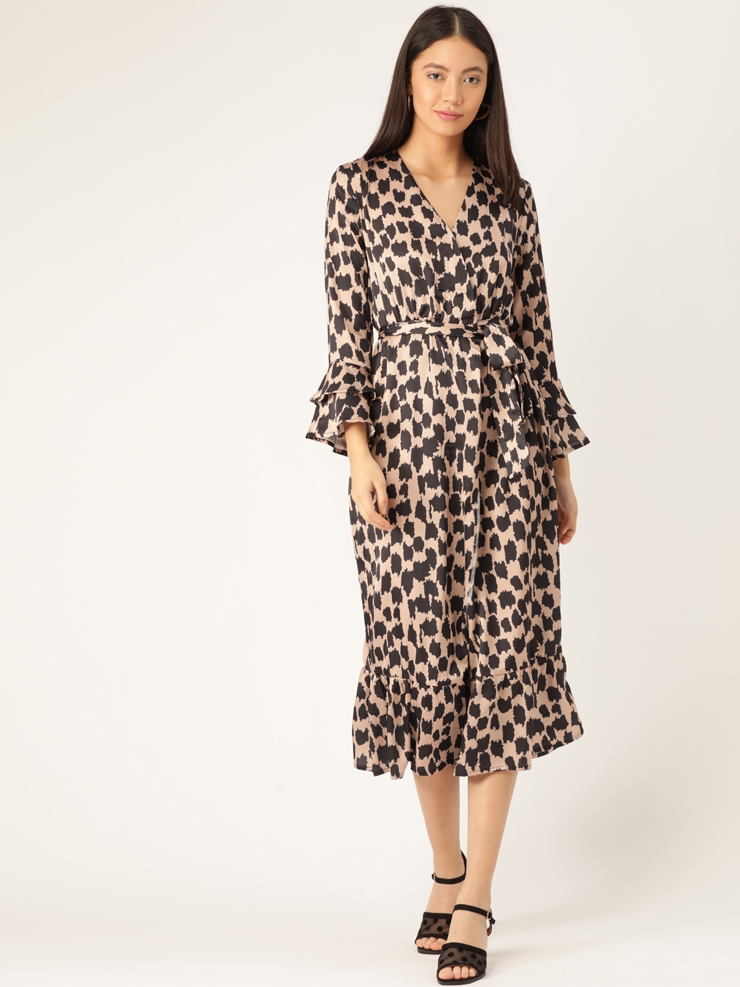

ANVI Be Yourself Women Beige & Black Printed Wrap Dress