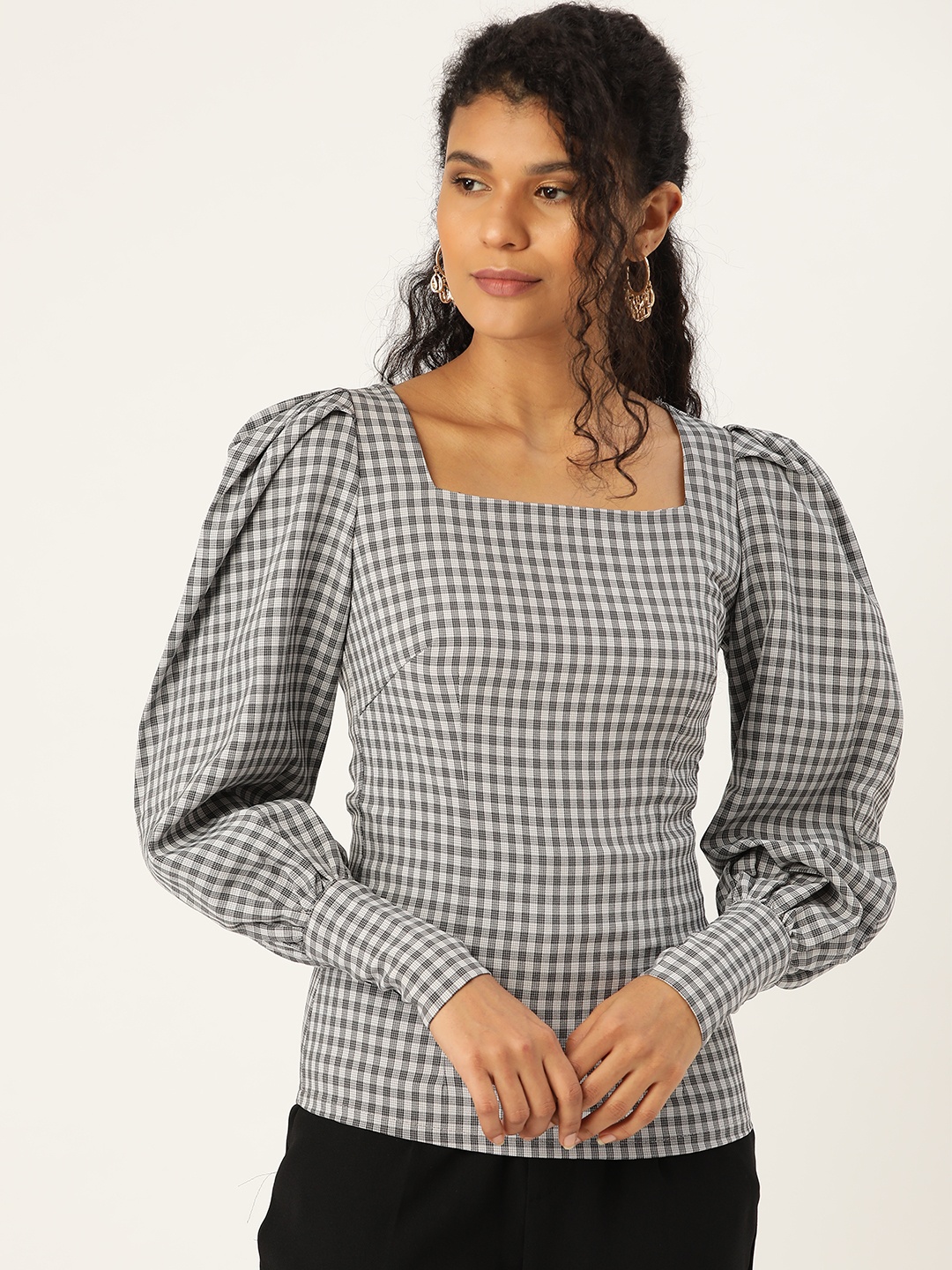 

ANVI Be Yourself Women Grey & Black Checked Puff Sleeves Top