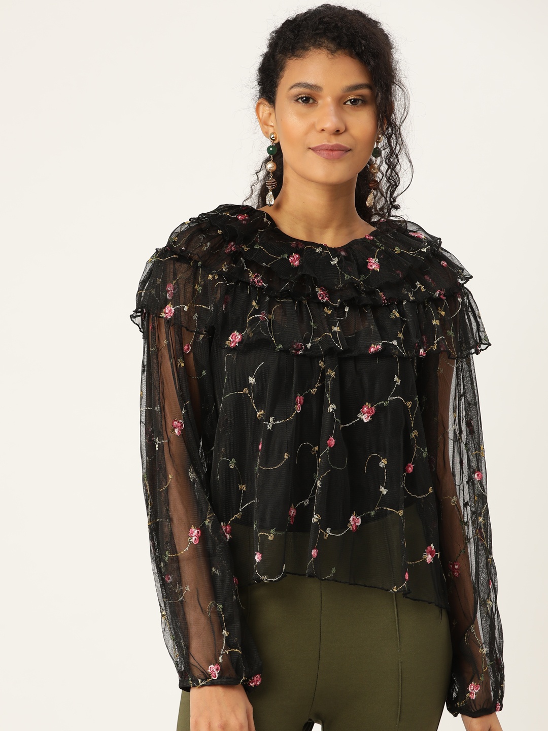 

ANVI Be Yourself Women Black & Pink Sheer Embroidered Top
