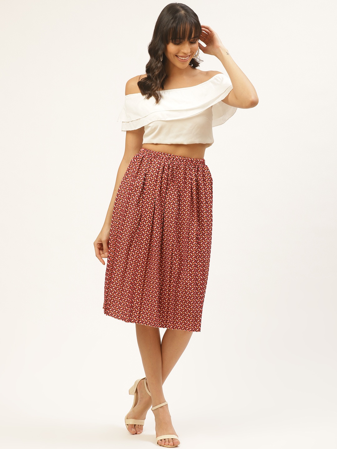 

ANVI Be Yourself Women Red & Black Pleated Geometric Print A-Line Skirt