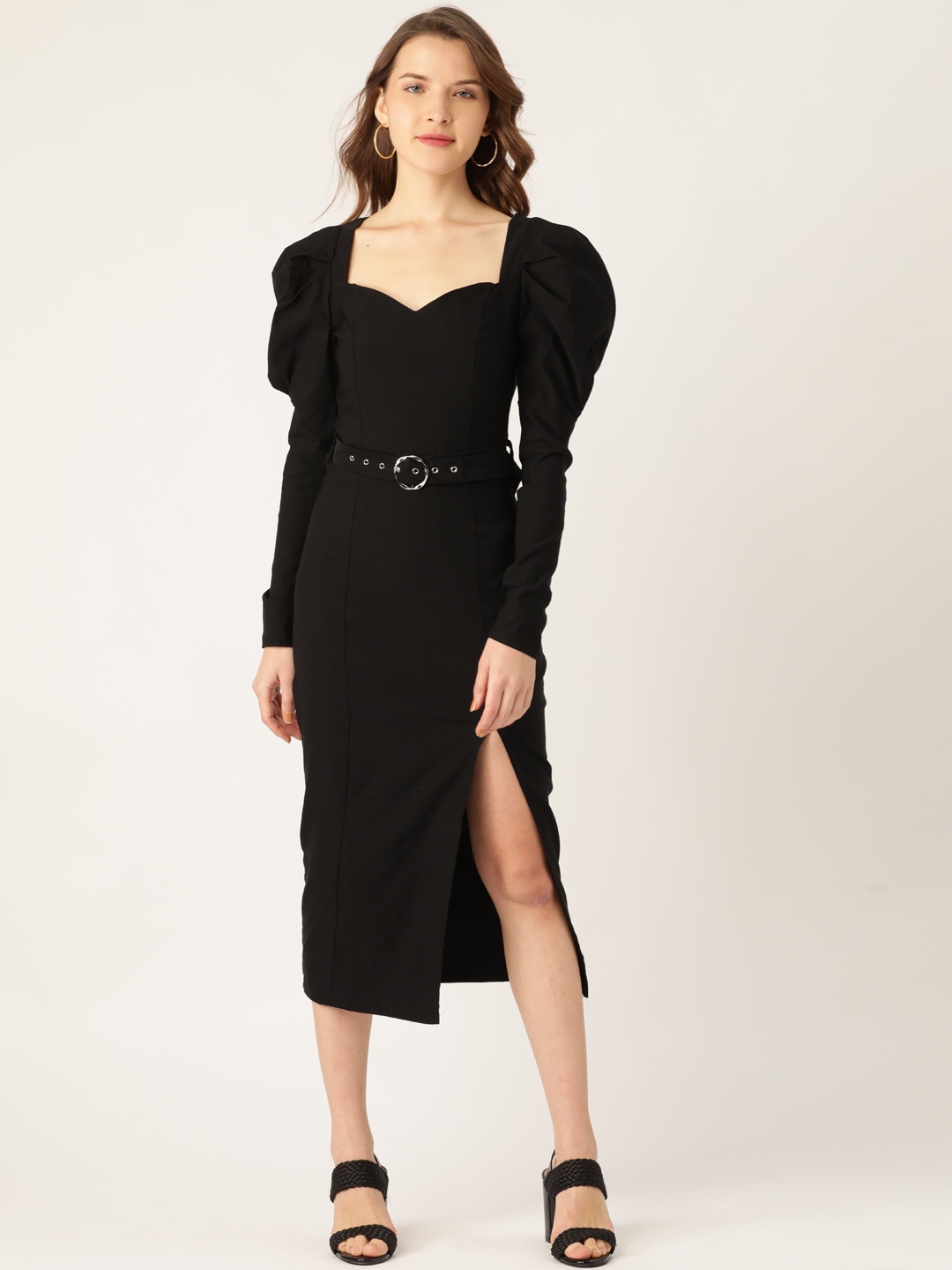 

ANVI Be Yourself Women Black Solid Puff Sleeves Bodycon Dress