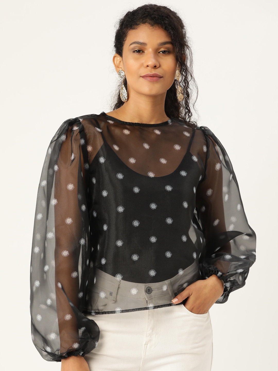 

ANVI Be Yourself Women Black & Grey Sheer Puff Sleeves Printed Top