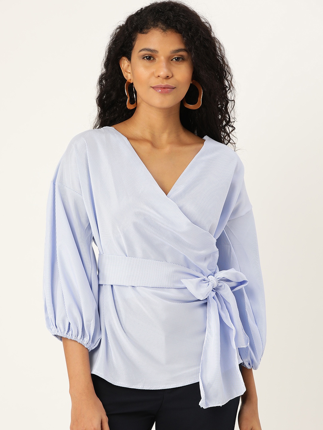 

ANVI Be Yourself Women Blue & White Striped Wrap Top