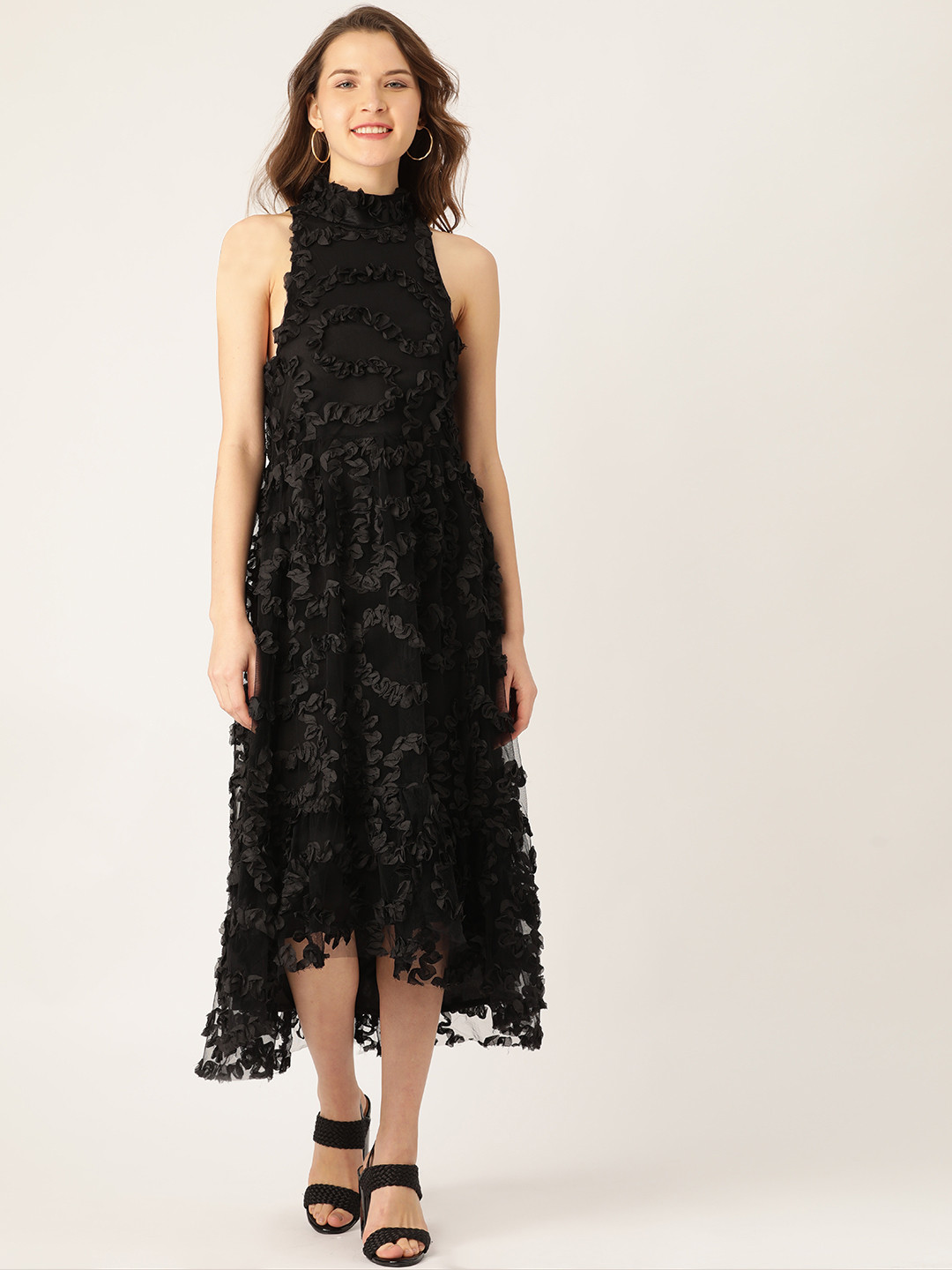 

ANVI Be Yourself Women Black Ruffled A-Line Dress