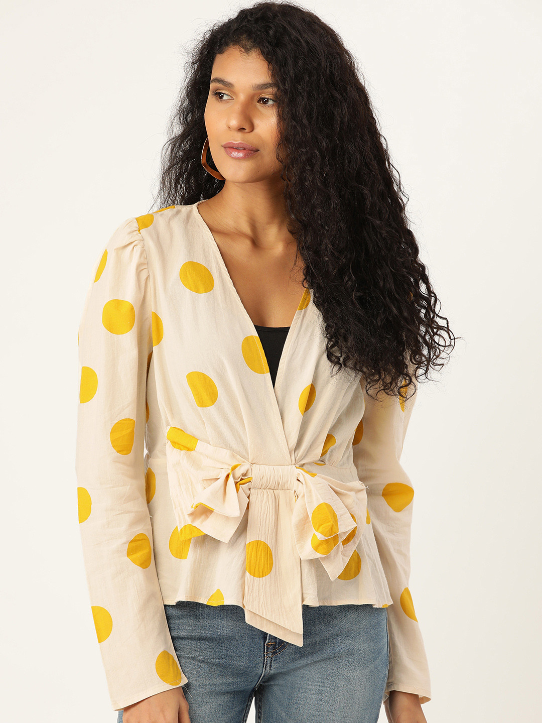 

ANVI Be Yourself Women Beige & Mustard Yellow Bow Detail Polka Dots Print Pure Cotton Top