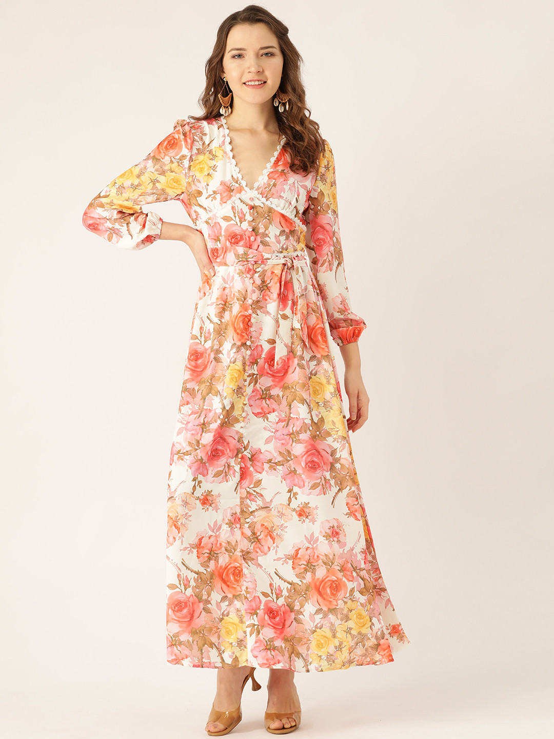 

ANVI Be Yourself Women Pink & White Floral Printed Maxi Dress