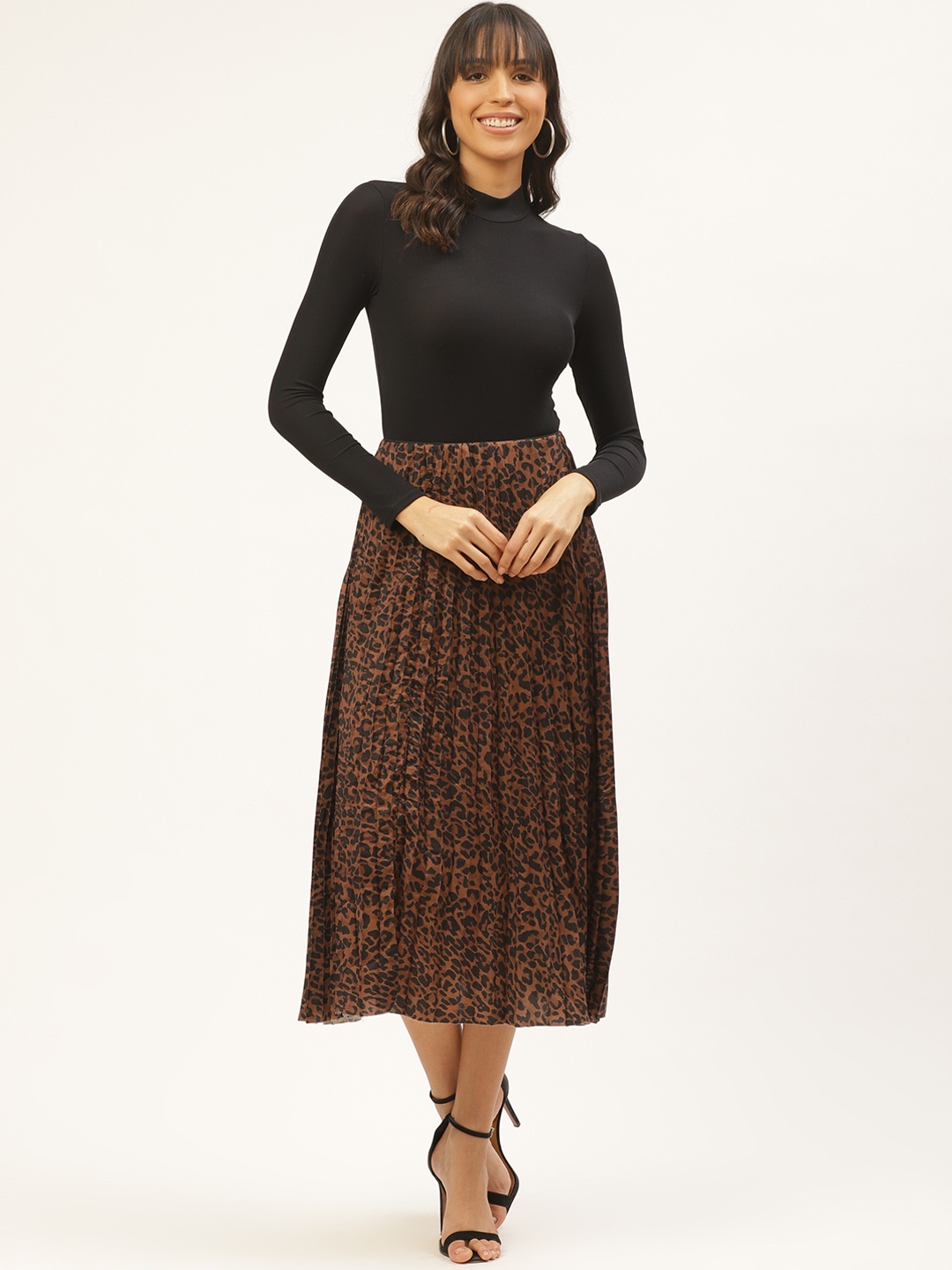 ANVI Be Yourself Brown and Black Leopard Print Accordion Pleated Midi A-Line Skirt