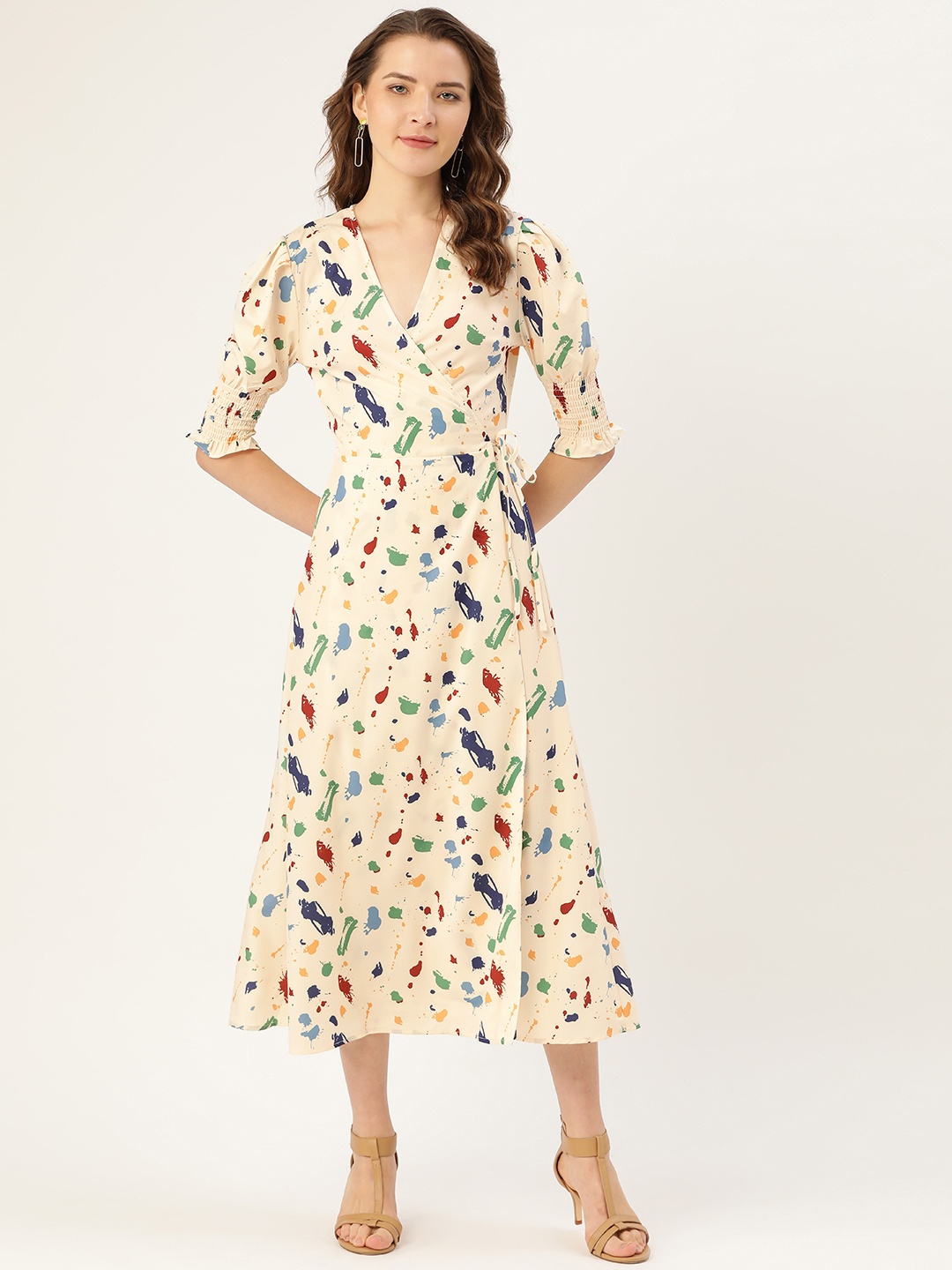 

ANVI Be Yourself Women Cream-Coloured & Red Printed Wrap Dress