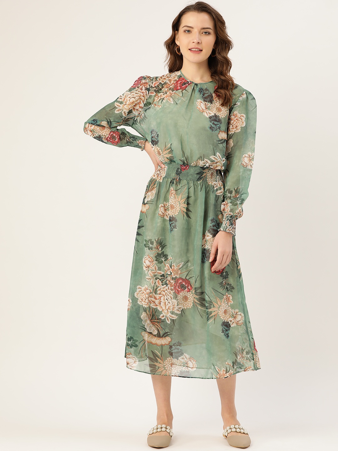 

ANVI Be Yourself Women Green Floral Print A-Line Dress