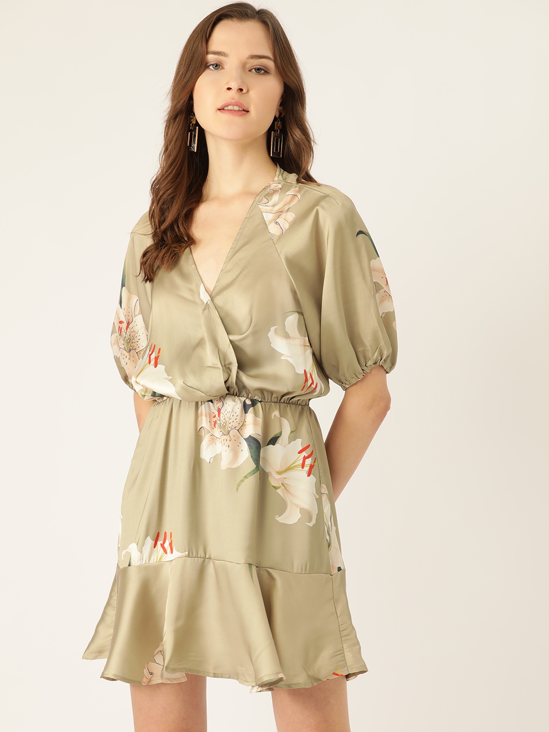 

ANVI Be Yourself Women Khaki & Beige Floral Print Wrap Dress with Satin Finish