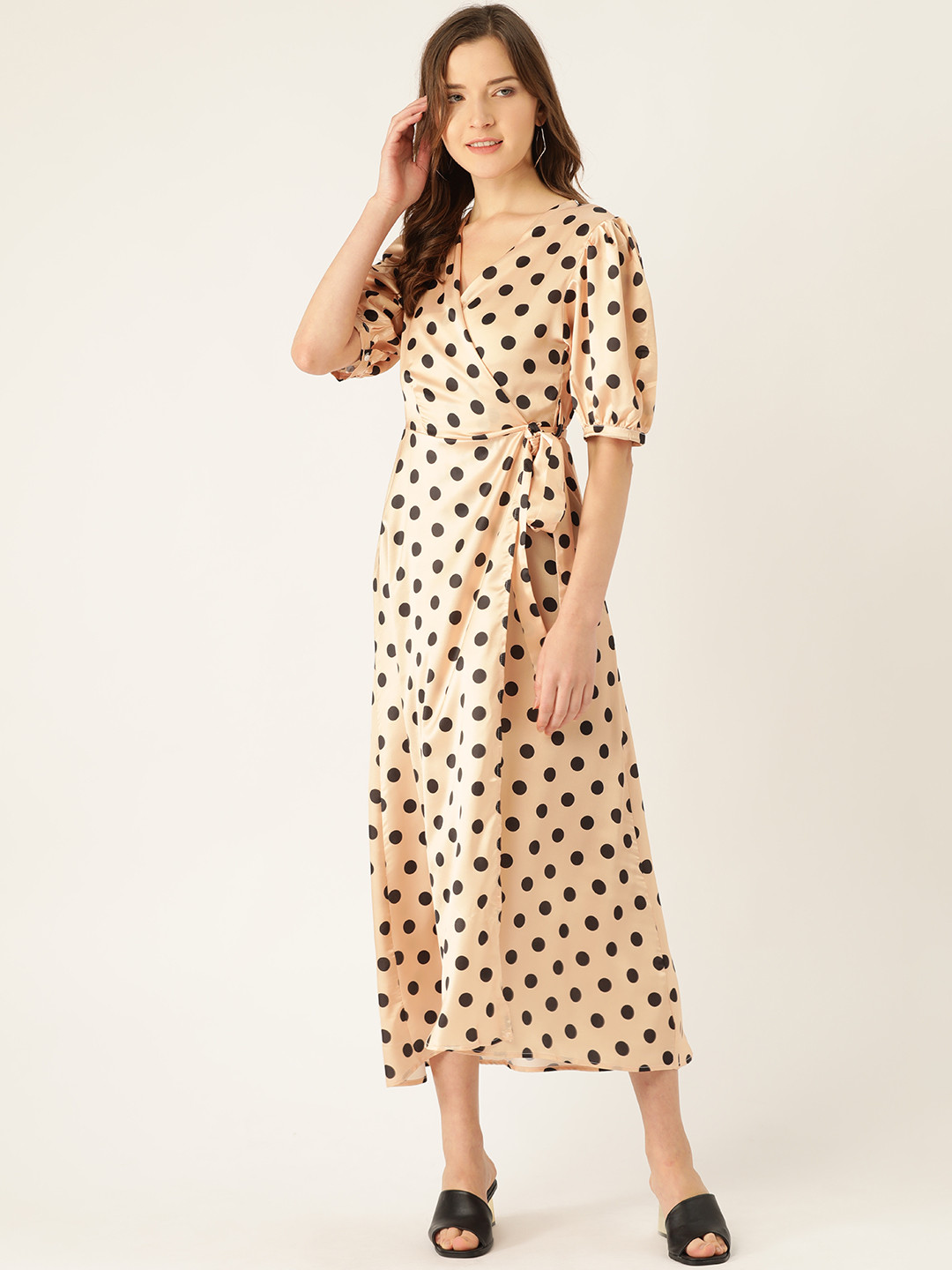 

ANVI Be Yourself Women Beige & Black Polka Dots Print Wrap Dress with Satin Finish