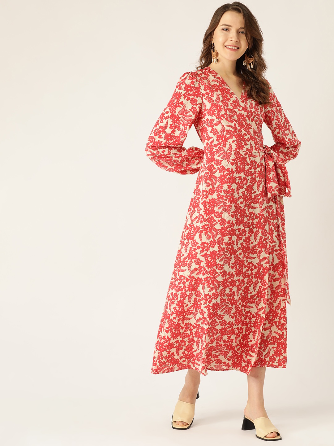 

ANVI Be Yourself Women Red & Off-White Printed Wrap Maxi Dress