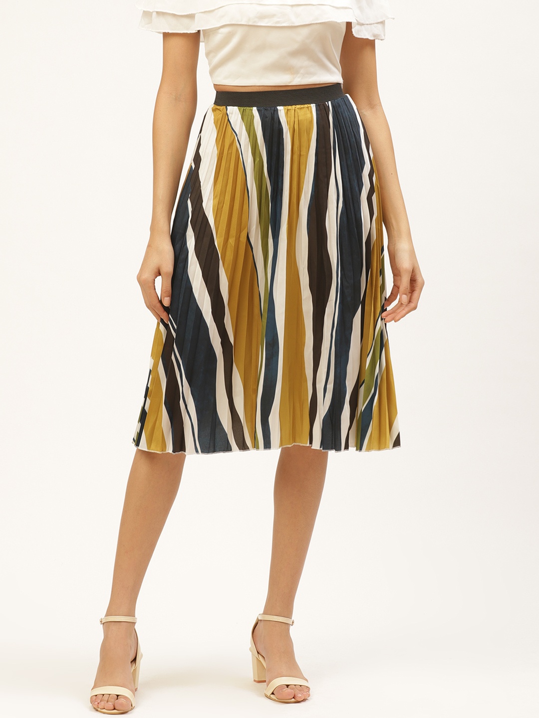 

ANVI Be Yourself Women Mustard Yellow & Off-White Striped Accordion Pleat A-Line Skirt