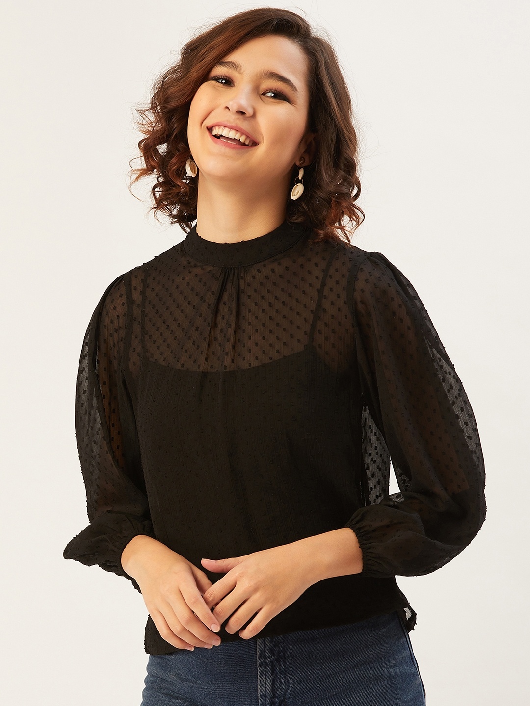 

ANVI Be Yourself Women Black Sheer Wrosted Top
