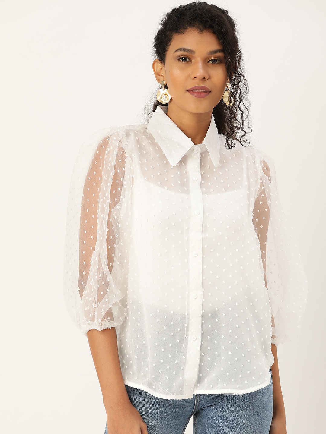 

ANVI Be Yourself Women White Dobby Weave Sheer Shirt Style Top