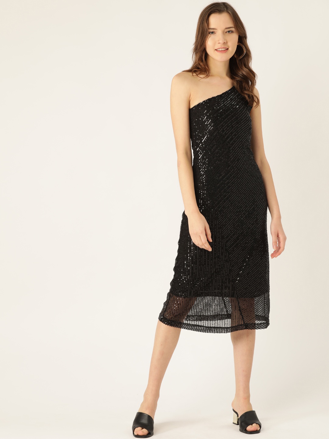 

ANVI Be Yourself Women Black Sequinned One-Shoulder A-Line Dress