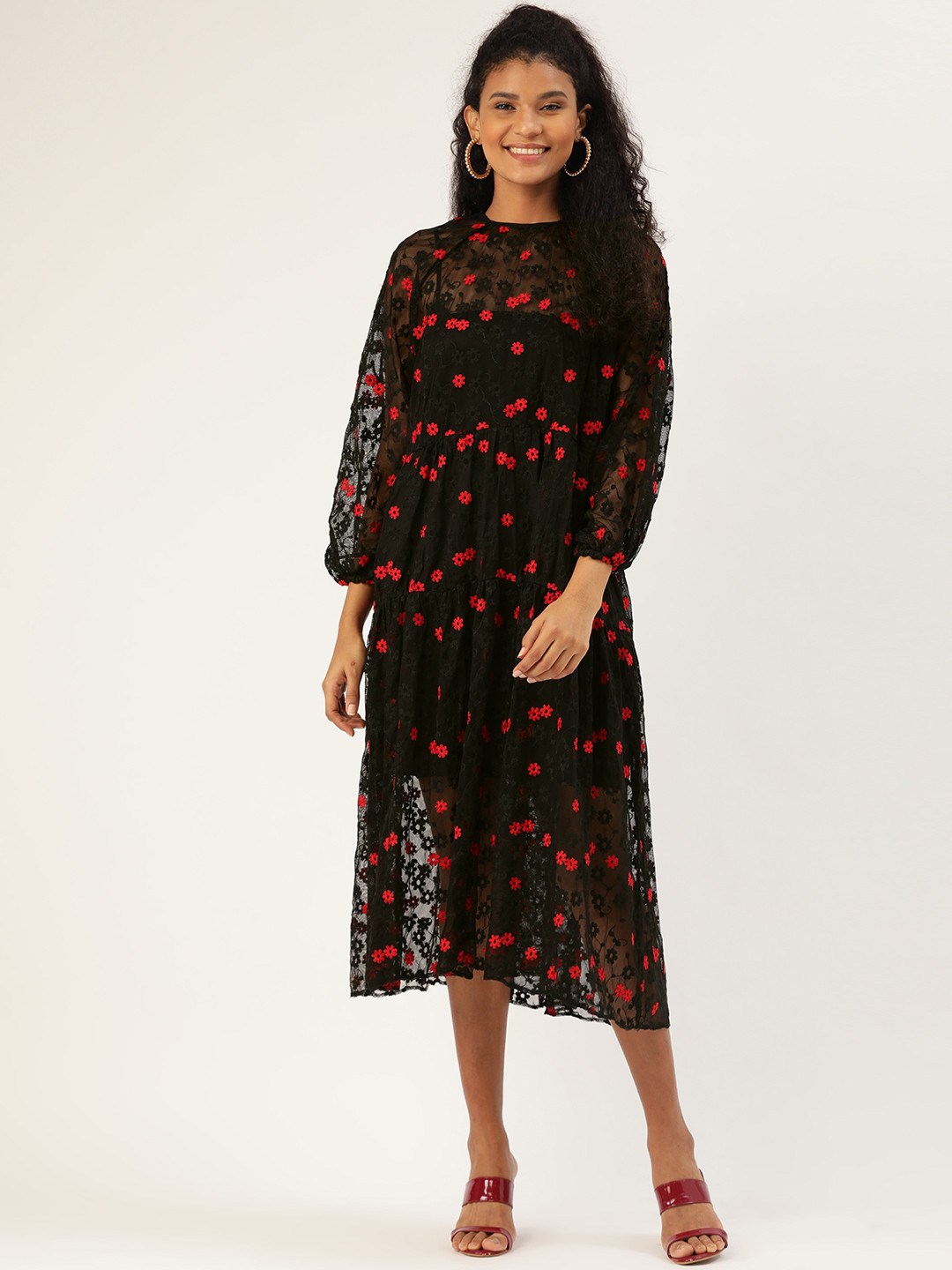 

ANVI Be Yourself Women Black & Red Floral Embroidered Sheer Lace Tiered A-Line Dress