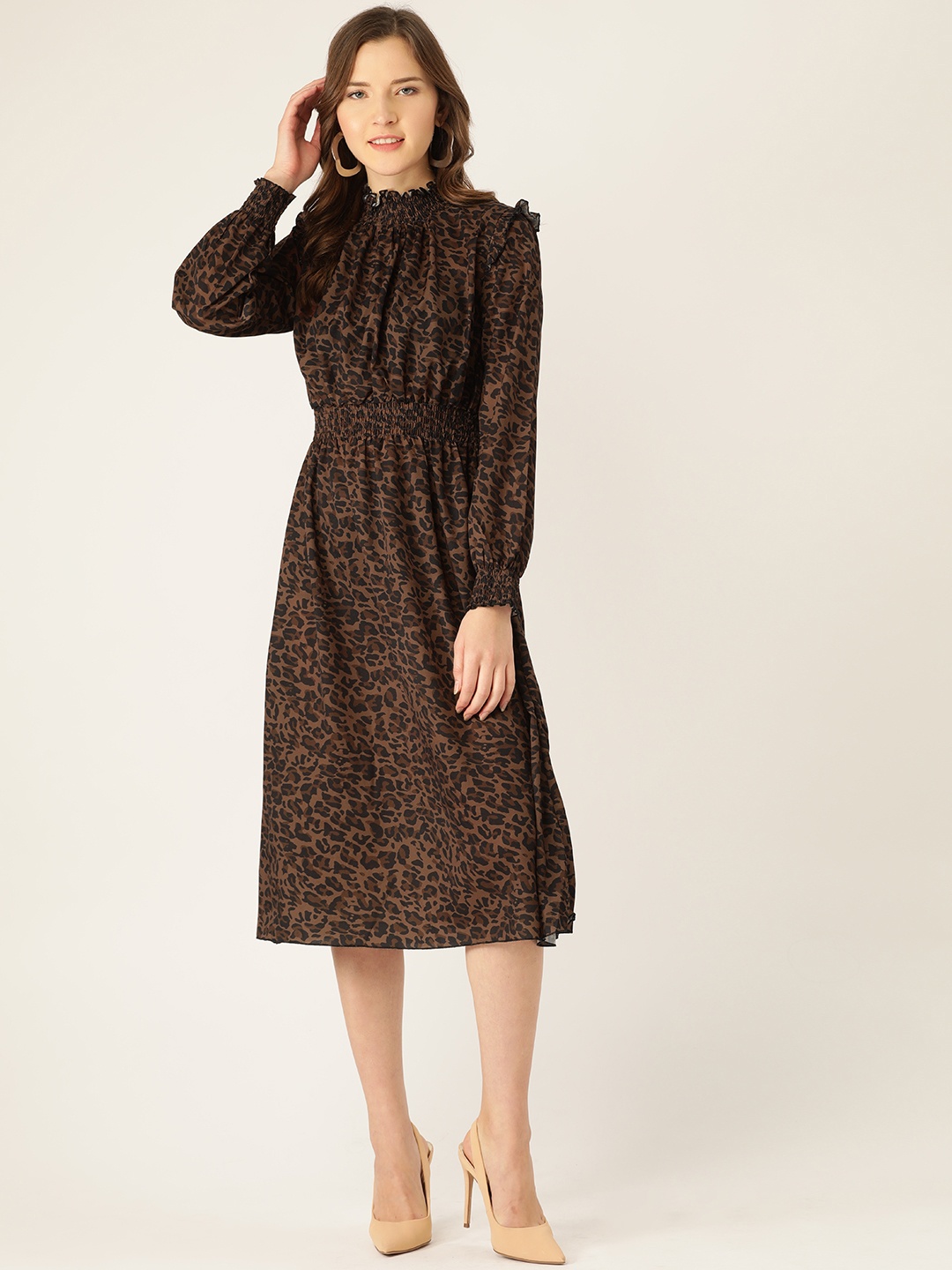 

ANVI Be Yourself Women Brown & Black Animal Print Fit and Flare Dress