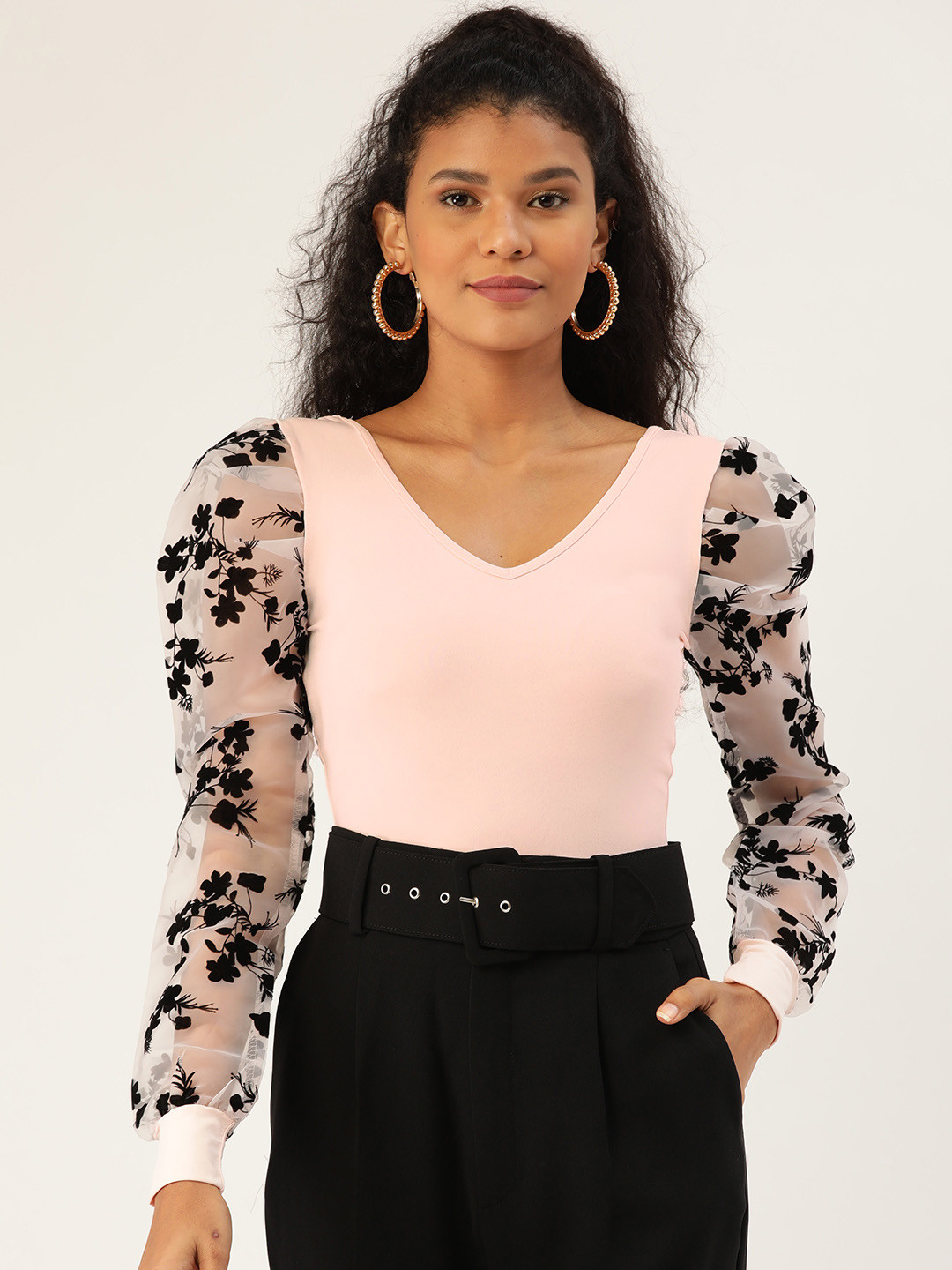 

ANVI Be Yourself Women Pink Solid Puff Sleeves Bodysuit