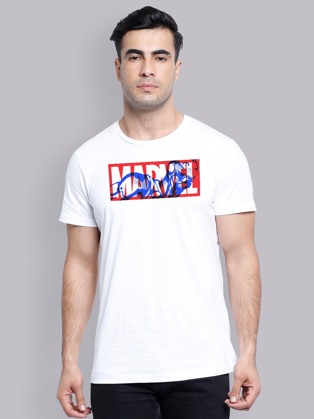 

Free Authority Men White Red Marvel Iron Man Printed Round Neck Pure Cotton T-shirt