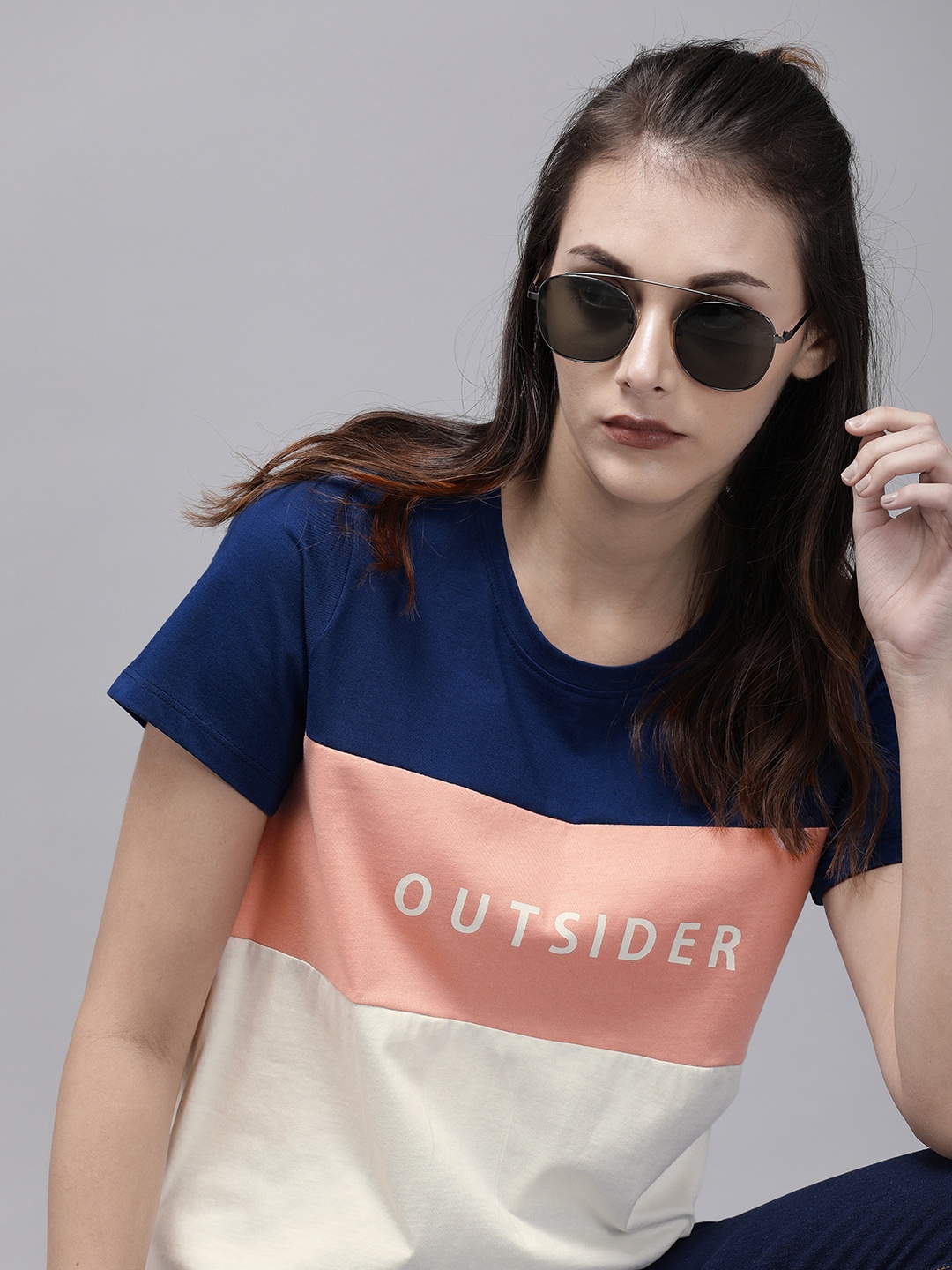 

Roadster Women Pink Navy Blue Colourblocked Round Neck Pure Cotton T-shirt