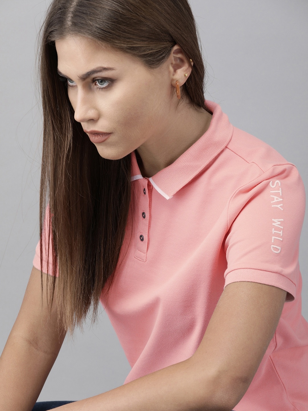 

Roadster Women Pink Solid Polo Collar T-shirt