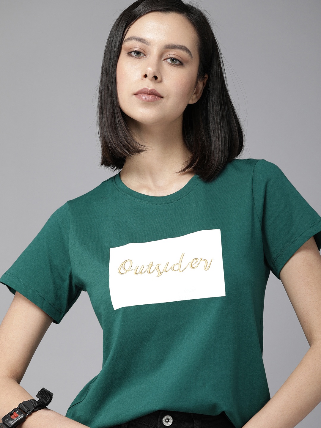 

The Roadster Lifestyle Co Women Green Typography Embroidered Pure Cotton Casual T-shirt