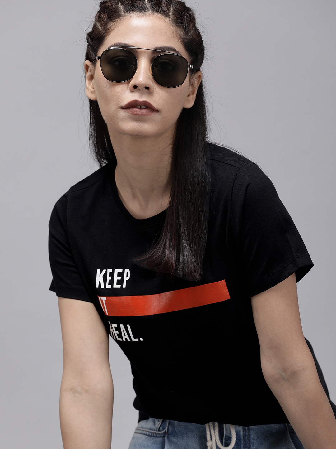 

Roadster Women Black Printed Cotton Pure Cotton T-shirt