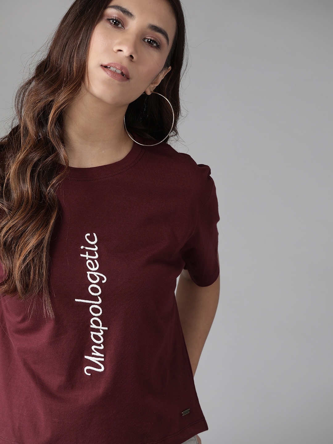 

Roadster Women Burgundy & White Embroidered Round Neck Relaxed Fit T-shirt