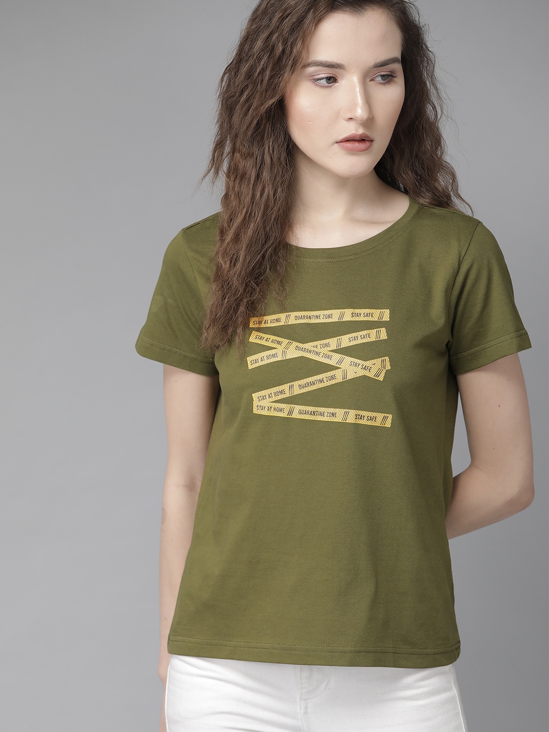 

Roadster Women Olive Green & Mustard Yellow Printed Round Neck T-shirt