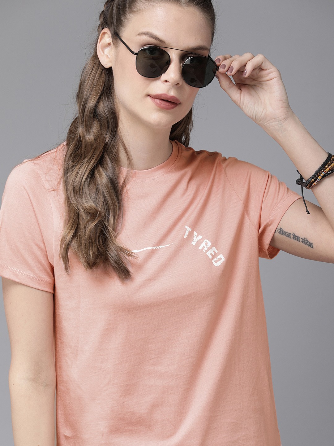 

Roadster Women Pink Printed Round Neck Pure Cotton T-shirt