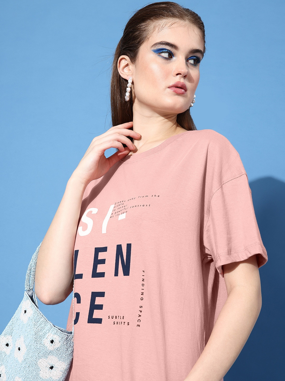 

Roadster Women Dusty Pink & Navy Blue Printed Round Neck T-shirt