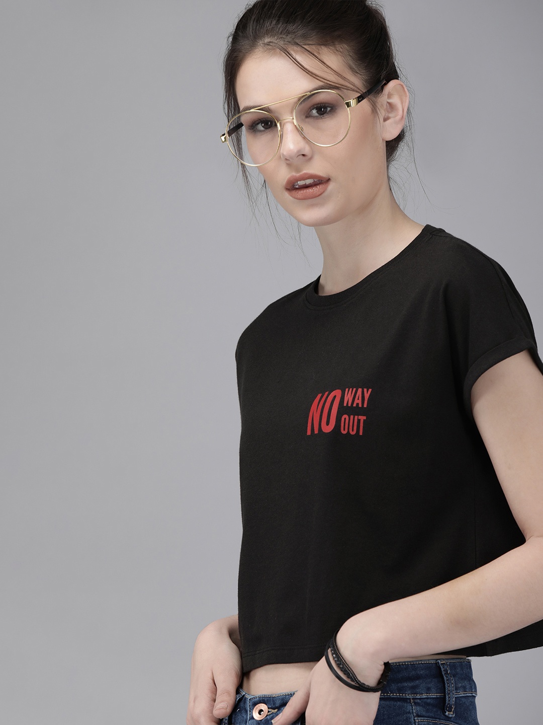 

Roadster Women Black Printed Round Neck T-shirt