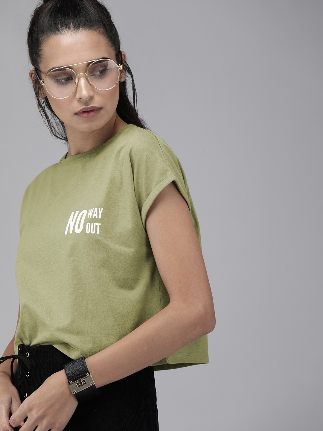 

Roadster Women Olive Green Printed Round Neck T-shirt