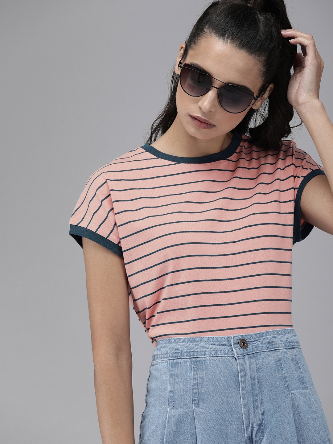 

Roadster Women Pink Navy Blue Striped Round Neck Pure Cotton T-shirt