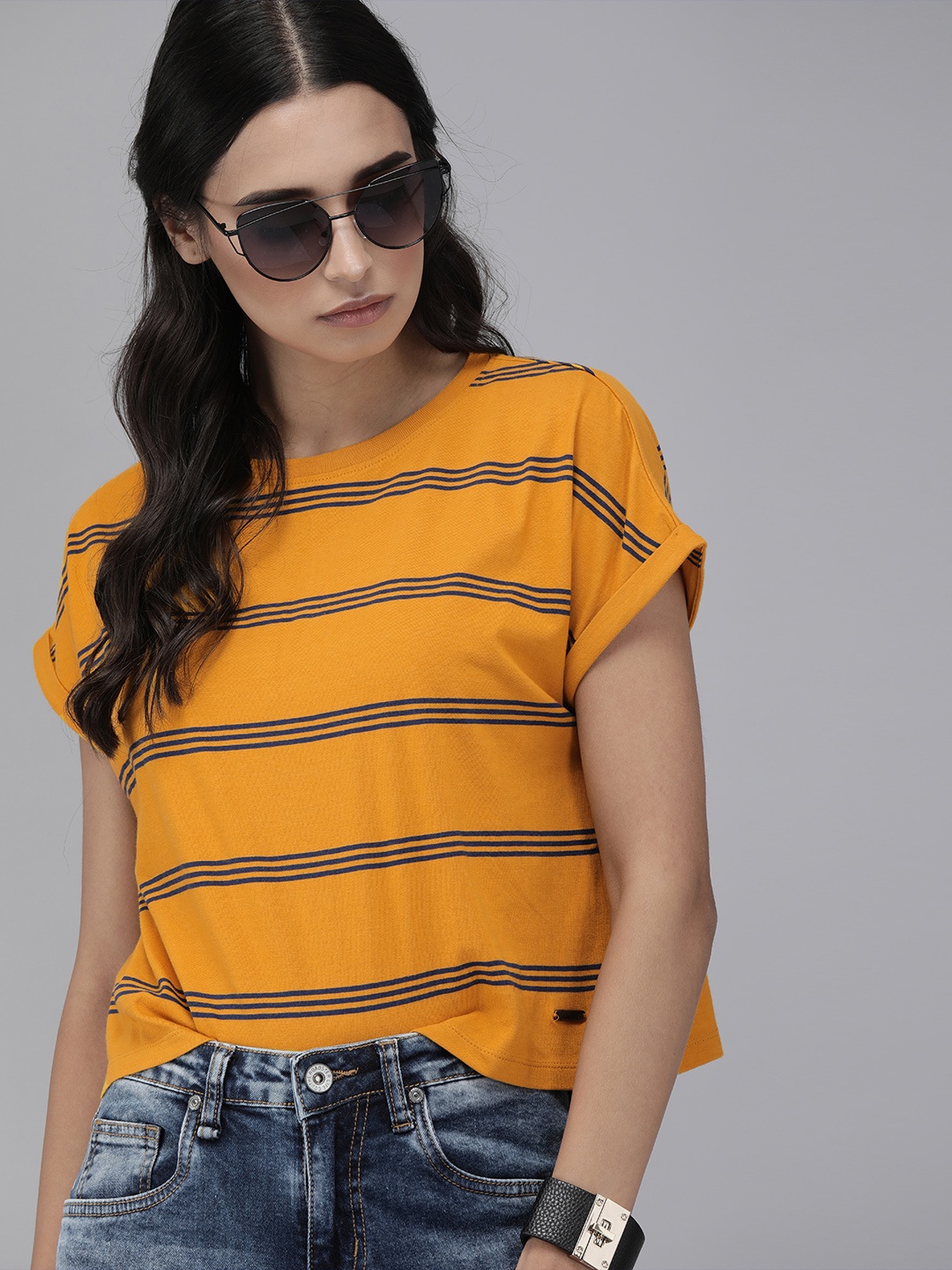

Roadster Women Mustard Yellow Black Striped Round Neck Pure Cotton T-shirt