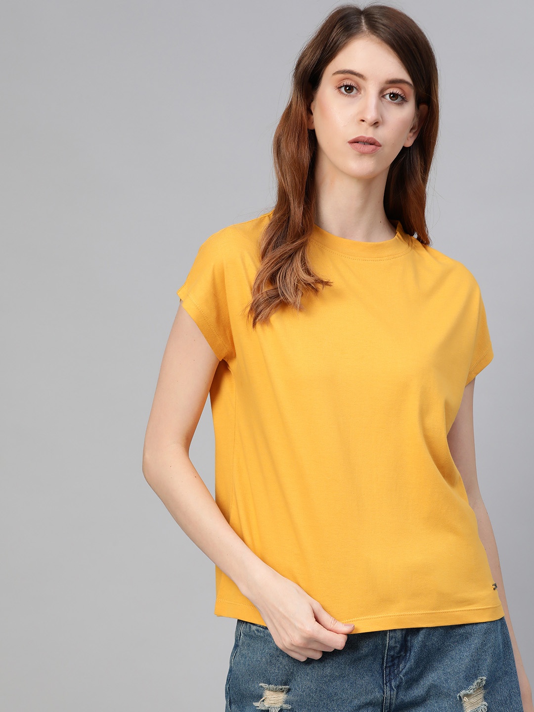 

Roadster Women Mustard Yellow Solid Round Neck Pure Cotton T-shirt