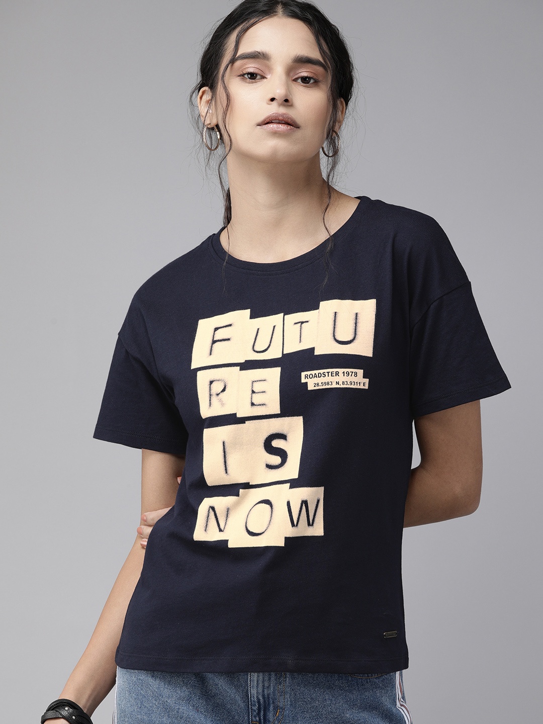 

Roadster Women Navy Blue Printed Round Neck Pure Cotton T-shirt