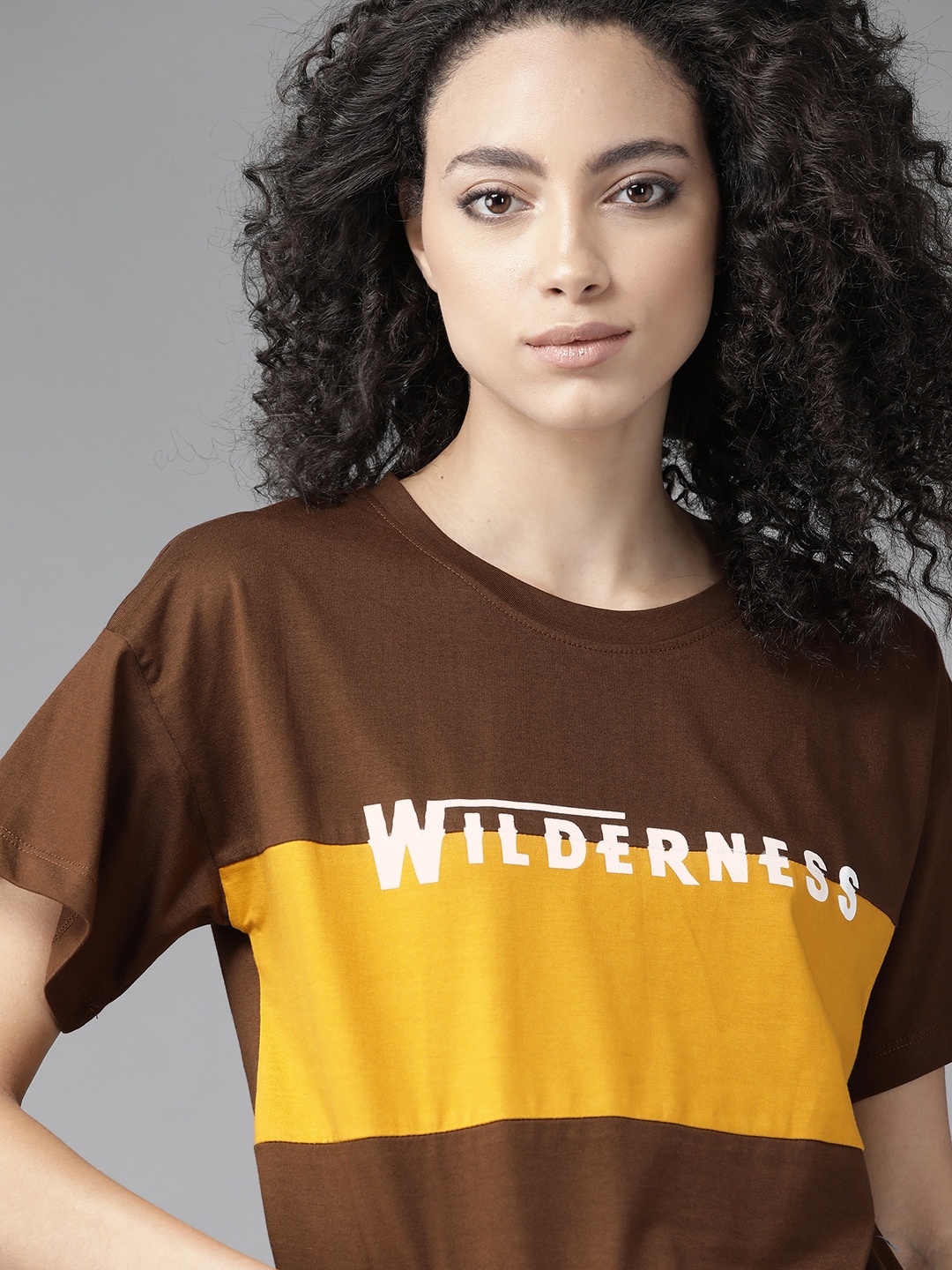 

Roadster Women Brown Mustard Yellow Colourblocked Round Neck Pure Cotton T-shirt