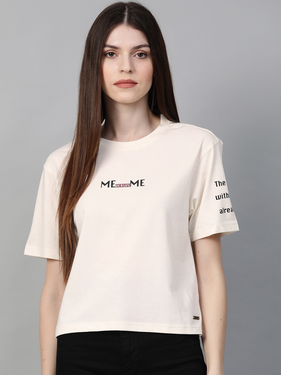 

Roadster Women Off-White Printed Detail Round Neck T-shirt