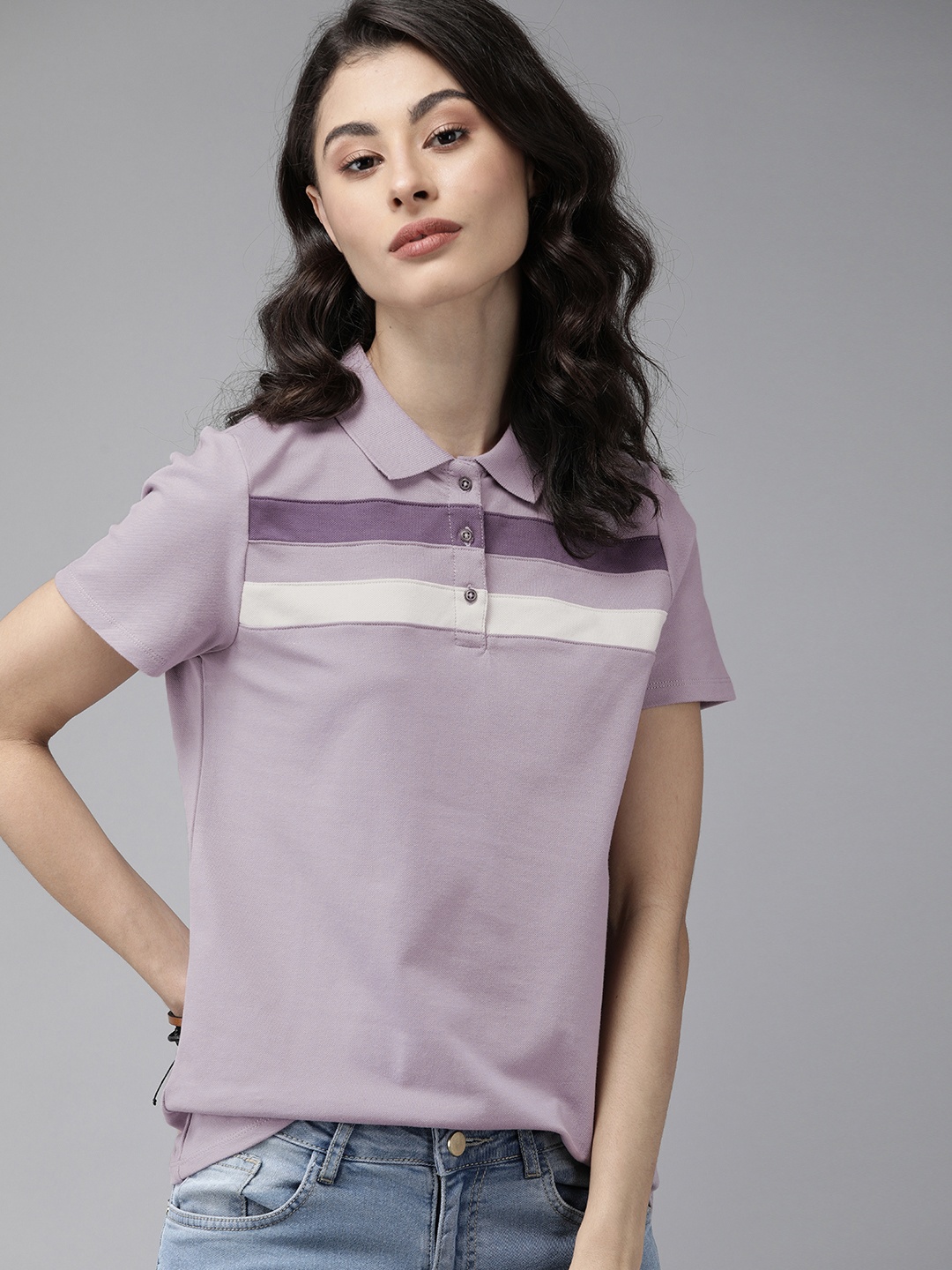 

Roadster Women Pink Striped Polo Collar T-shirt